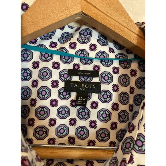 Talbots Top Womens 22W Blue & Purple Medallion Print Non Iron Button Up Plus - Picture 3 of 13